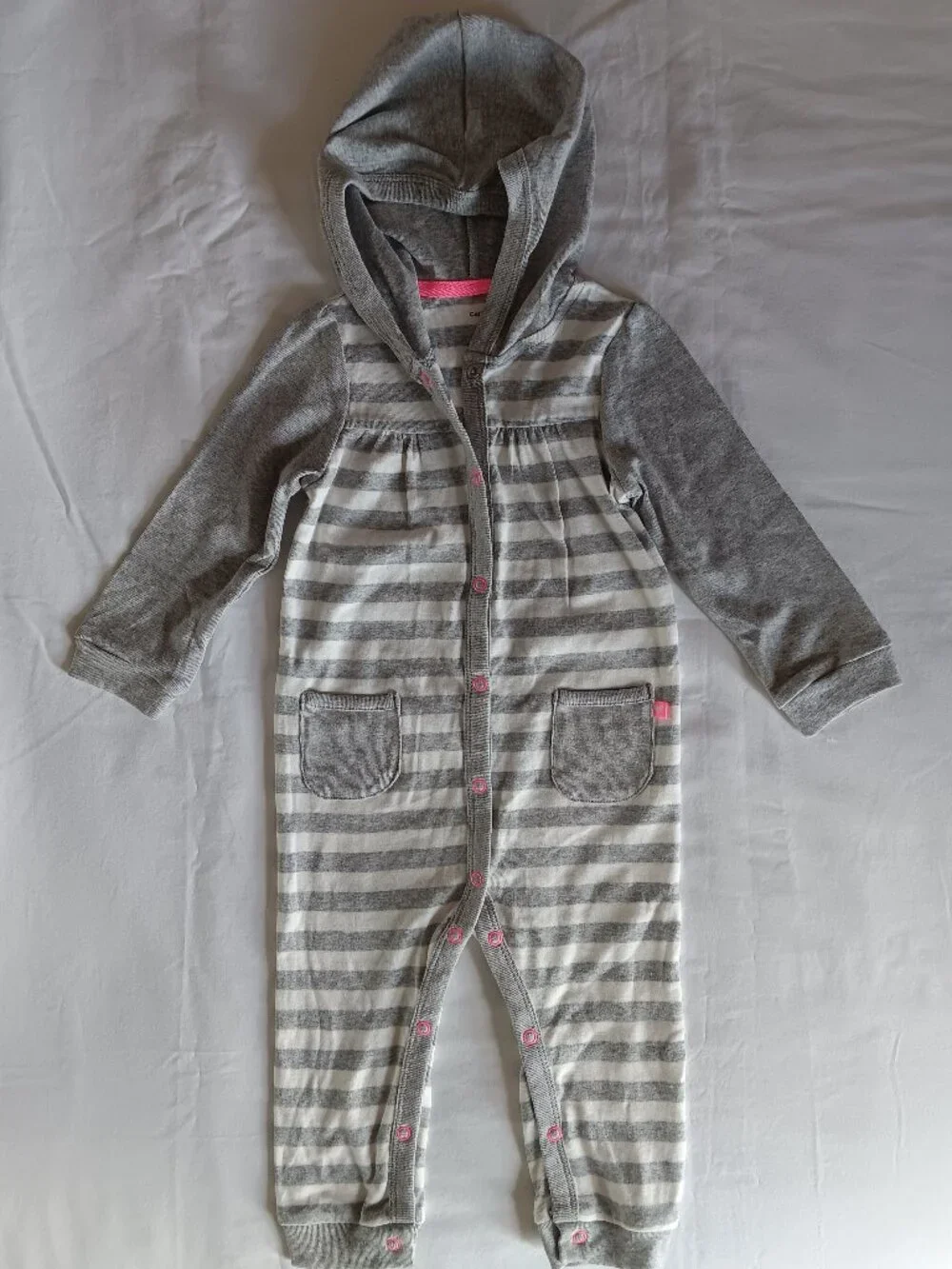 Cozy Carter's 18 Months Hooded Striped Romper Jumpsuit Grey and White Pink Snaps
